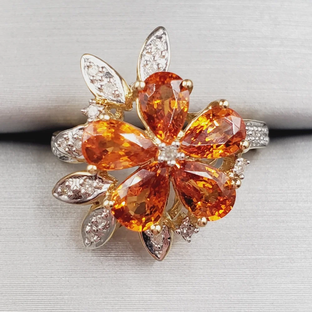10k Solid Yellow Gold Genuine Spessartite Mandarin Garnet & Diamond Flower Ring